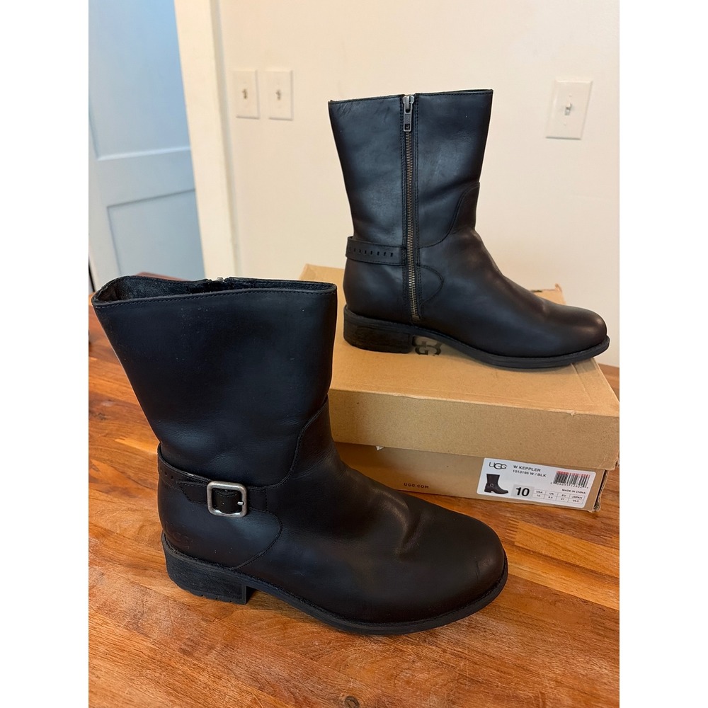 UGG W Keppler Black Leather Mid Calf Buckle Zip Boots 1013195 Womens 10